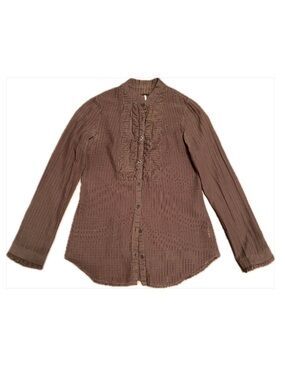 Free People Ruffled Boho Button-Down Shirt Brown XS